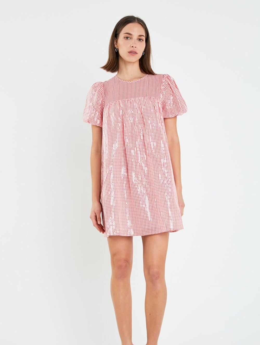 English Factory Sequin Check Mini Dress Puff Sleeve Babydoll Party M